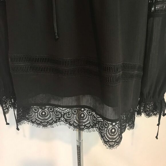 WHBM Karlee Boho Blouse Women's Size 8 Black Lace Trim Lace-Up Front Long Sleeve - Picture 8 of 16